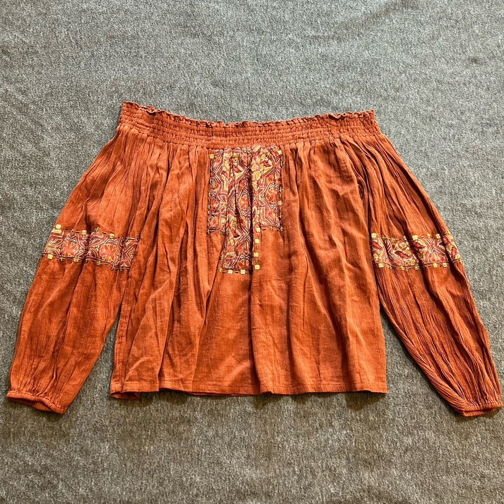 Hollister Top Women's Large Smocked Off The Shoulder Embroidered Boho Fairy